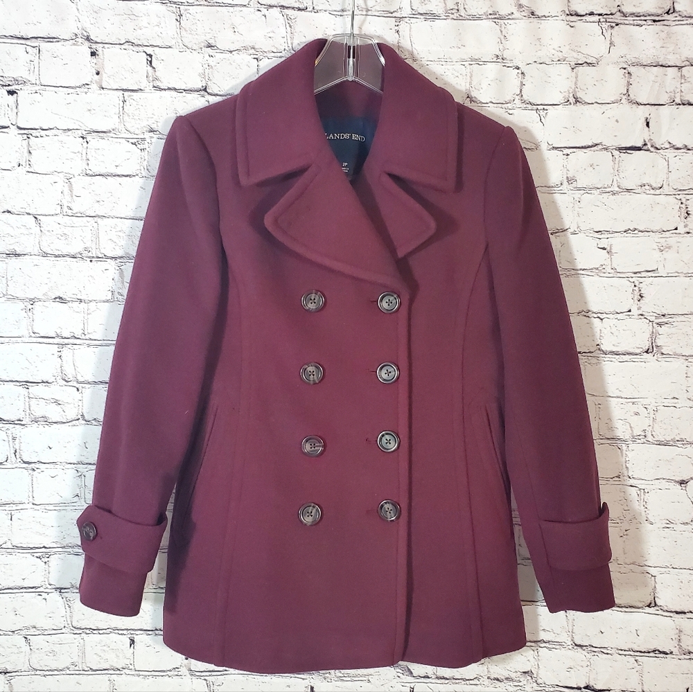Lands End Double-Breasted Wool/Viscose Pea Coat/Jacket Size 2P Plum Burgundy